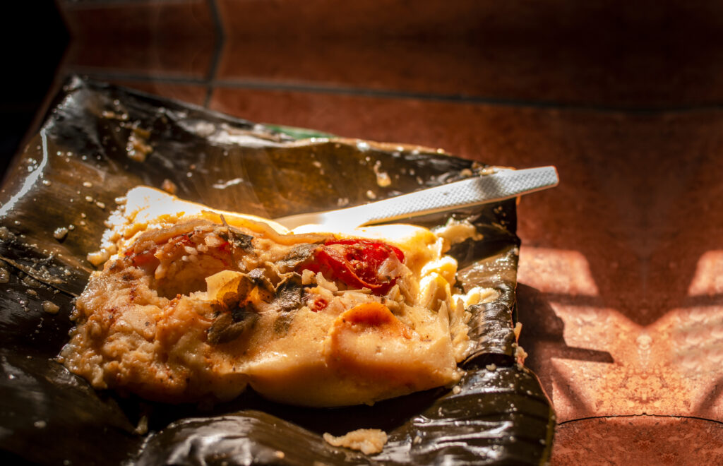 Nacatamal served in banana leaf, Close up of Nicaraguan nacatamal, Typical Nicaraguan food El nacatamal, Typical Nicaraguan food